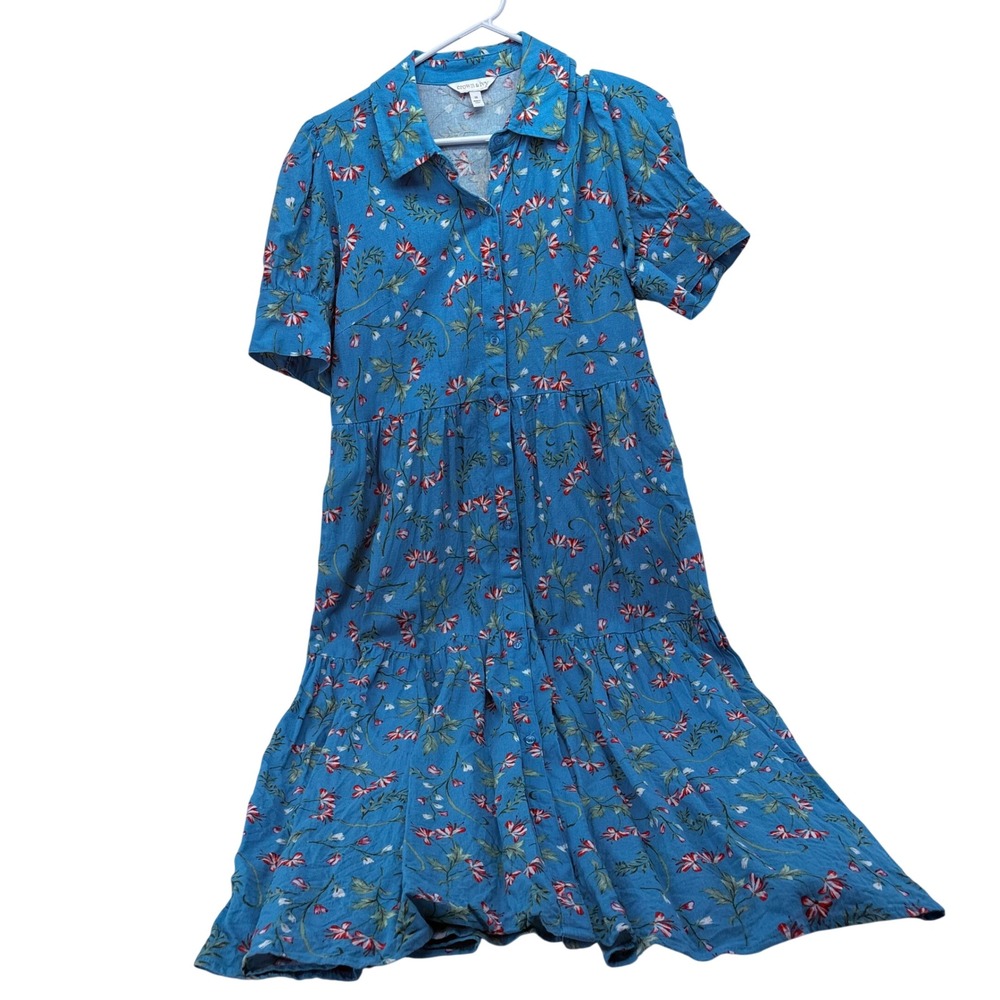 Crown & Ivy Girls Blue‎ Floral Tiered Shirt Dress Size 10 Short Sleeve Button Up